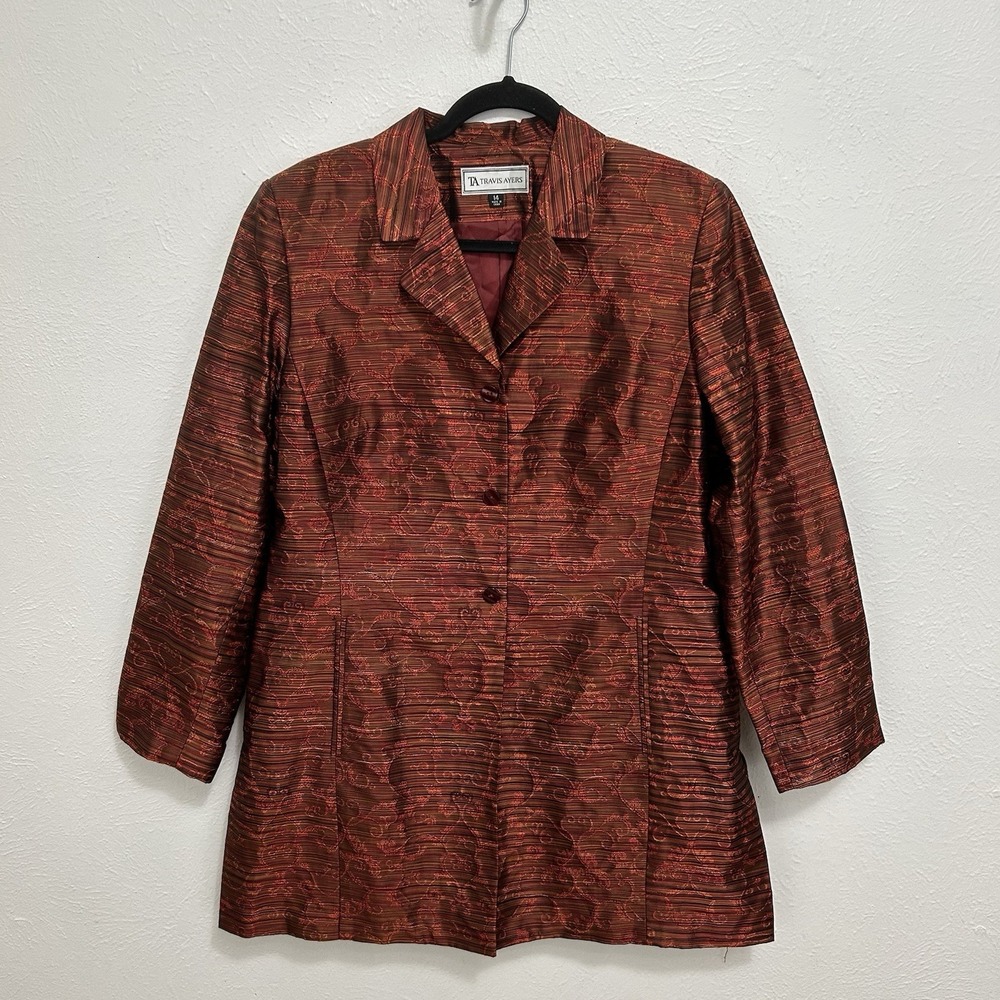 Travis Ayers 100% Silk Blazer Jacket Size 14 Rust Red Metallic Paisley Striped
